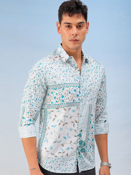 The Indian Garage Co - Men Floral Printed Cutaway Collar Party Wear Shirt Blue