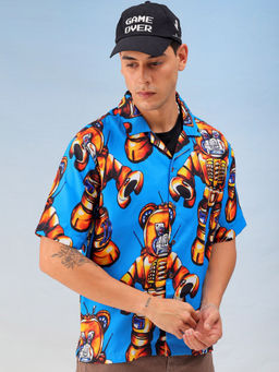 The Indian Garage Co - Men Oversized Robotic Cuban Collar Street Wear Shirt Blue