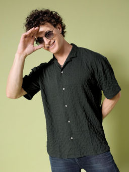 The Indian Garage Co - Men Self Design Cuban Collar Resort Wear Shirt Green