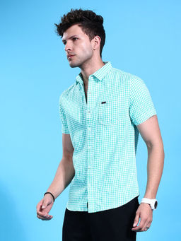 The Indian Garage Co - Men Checks Cutaway Collar Casual Shirt Turquoise