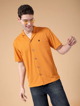 The Indian Garage Co - Men Self Design Cuban Collar Street Wear Shirt Orange