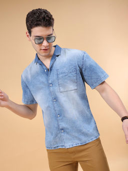 The Indian Garage Co - Men Solid Camp Collar Street Wear Denim Shirt Faded Blue
