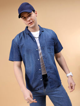 The Indian Garage Co - Men Solid Camp Collar Street Wear Denim Shirt Navy Blue