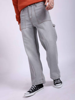 The Indian Garage Co - Men Baggy Solid Mid Rise Stretchable Jeans Grey