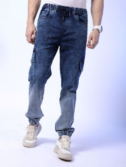 The Indian Garage Co - Men Solid Mid Rise Stretchable Denim Cargo Joggers Blue