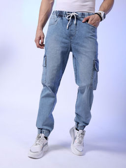 The Indian Garage Co - Men Solid Mid Rise Stretchable Denim Cargo Joggers Blue