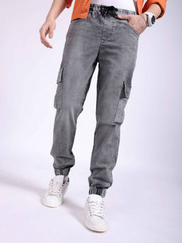 The Indian Garage Co - Men Solid Mid Rise Stretchable Denim Cargo Joggers Grey