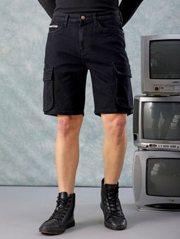 The Indian Garage Co - Men Solid Mid Rise Denim G-505 Cargo Shorts Black