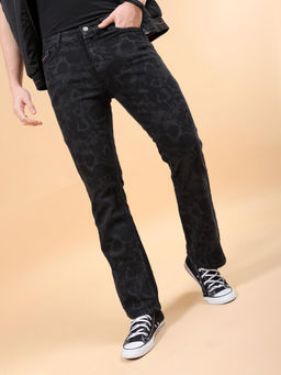 The Indian Garage Co - Men Bootcut Laser Print Mid Rise Stretchable Jeans Black