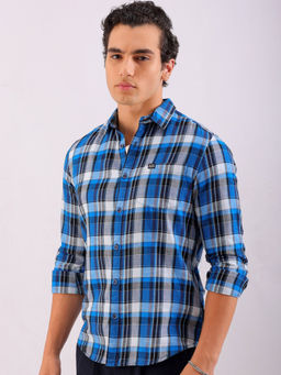 The Indian Garage Co - Men Checks Cutaway Collar Casual Shirt Navy Blue