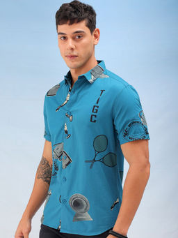 The Indian Garage Co - Men Printed Cutaway Collar Casual Shirt Blue
