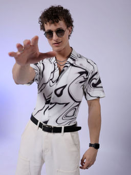 The Indian Garage Co - Men Abstract Printed Cuban Collar Resort Wear Shirt Off White