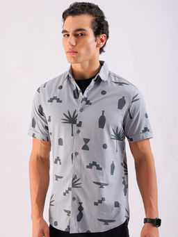 The Indian Garage Co - Men Still Life Printed Cutaway Collar Casual Shirt Grey