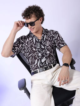 The Indian Garage Co - Men Floral Printed Cuban Collar Resort Wear Shirt Black