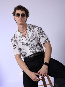 The Indian Garage Co - Men Abstract Printed Cuban Collar Resort Wear Shirt Off White