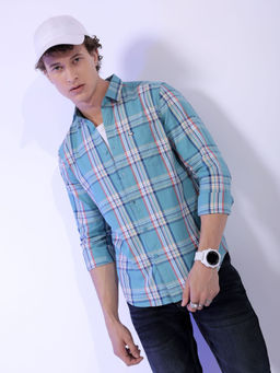The Indian Garage Co - Men Checks Cutaway Collar Casual Shirt Turquoise