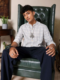 The Indian Garage Co - Men Indie Printed Mandarin Collar Resort Wear Shirt Blue