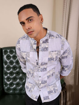 The Indian Garage Co - Men Indie Printed Mandarin Collar Resort Wear Shirt Grey