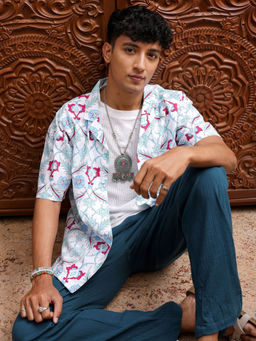 The Indian Garage Co - Men Indie Floral Print Cuban Collar Resort Wear Shirt Green