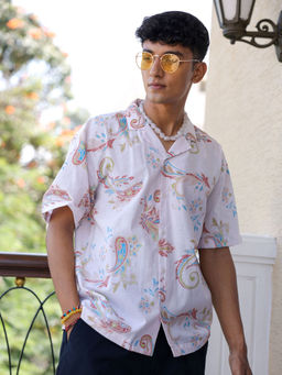 The Indian Garage Co - Men Paisley Printed Cuban Collar Resort Wear Shirt Off White