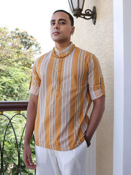 The Indian Garage Co - Men Indie Stripes Print Mandarin Collar Resort Wear Shirt Yellow