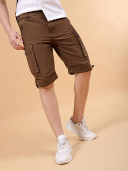 The Indian Garage Co - Men Solid Mid Rise Cargo Parachute Shorts Brown