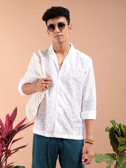 The Indian Garage Co - Men Self Design Cuban Collar Resort Wear Shirt White
