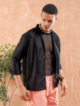 The Indian Garage Co - Men Self Design Cuban Collar Resort Wear Shirt Black