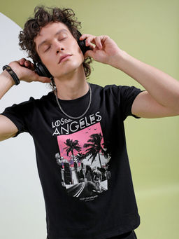 The Indian Garage Co - Men Tropical Print Round Neck T-Shirt Black