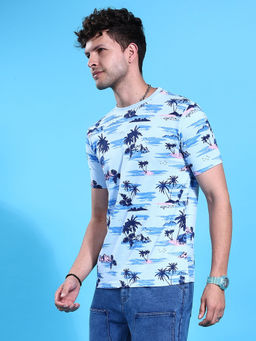 The Indian Garage Co - Men Tropical Print Round Neck T-Shirt Blue