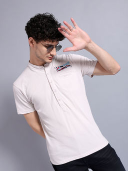 The Indian Garage Co - Men Embroidered Henley T-Shirt Beige