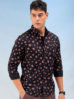The Indian Garage Co - Men Floral Print Cutaway Collar Casual Shirt Black