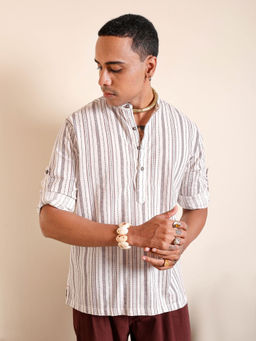 The Indian Garage Co - Men Indie Stripes Print Cutaway Collar Resort Wear Shirt Beige