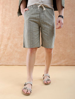 The Indian Garage Co - Men Vertical Stripes Mid Rise Shorts Olive