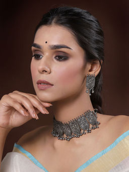 PANASH - Oxidised Silver-Plated Black Necklace with Earrings (Set of 2)
