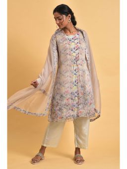 W - Ecru Floral Print Jacket kurta Set with Dupatta