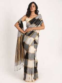 Angoshobha - Multi-Color Traditional Checks Linen Handloom Saree with Unstitched Blouse