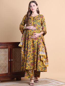 Secret Wish - Mustard Yellow Floral Cotton Maternity Anarkali Pant with Dupatta (Set of 3)