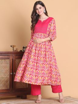 Secret Wish - Pink Floral Cotton Calf Length Maternity Anarkali Pant (Set of 2)