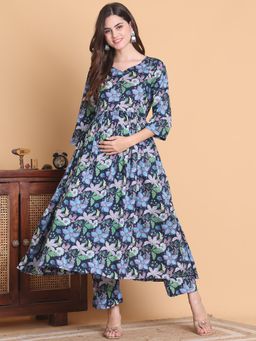 Secret Wish - Blue Floral Cotton Calf Length Maternity Anarkali Pant (Set of 2)