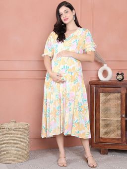 Secret Wish - Yellow Floral Crinkle Rayon Maternity Dress