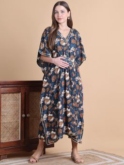 Secret Wish - Navy Blue Floral Cotton Maternity Kaftan Dress