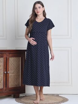 Secret Wish - Navy Blue Printed Hosiery Maternity Nighty