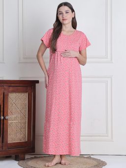 Secret Wish - Pink Printed Hosiery Maternity Nighty Full Length