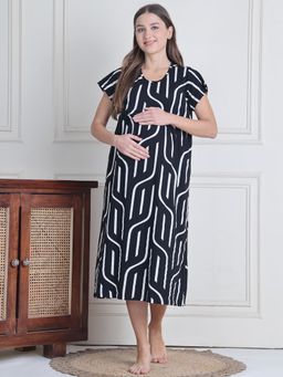 Secret Wish - Black Abstract Hosiery Maternity Nighty
