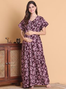 Secret Wish - Purple Floral Cotton Blend Full Length Maternity Nighty