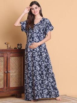 Secret Wish - Blue Floral Cotton Blend Full Length Maternity Nighty