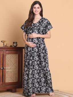 Secret Wish - Black Floral Cotton Blend Full Length Maternity Nighty