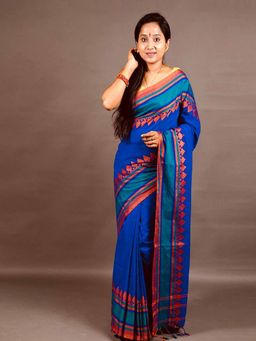 Odette - Women Blue Woven Cotton Saree with Unstitched Blouse