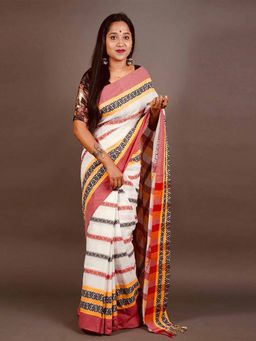 Odette - Women White Woven Cotton Saree with Unstitched Blouse